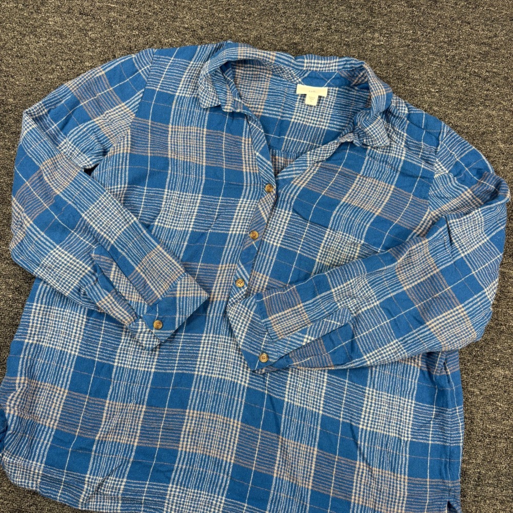 J. Jill Plaid Henley Tunic Women XL Blue Long Sleeve Button Front Top